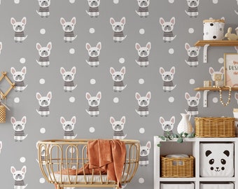 Cute Pug Dog themed wallpaper for Kids room Nursery Peel and Stick Wallpaper / removable temporary Wallpaper
