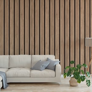 Wallpaper with large vertical wooden timber slats battens panelling Peel and Stick wallpaper easy to apply