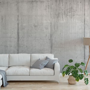 May include: A white sectional sofa with grey throw pillows sits in front of a concrete wall. A potted plant and a floor lamp with a beige lampshade are on the right side of the image.