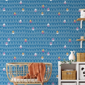 Papier peint mignon dessiné à la main sur le thème des bateaux à voile pour chambre d'enfant papier peint autocollant/papier peint temporaire amovible