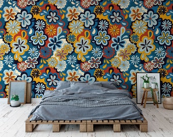 Papel pintado floral retro autoadhesivo - Margaritas coloridas de los años 70