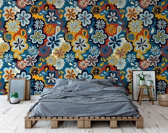 Colourful Large Scale Hand Drawn Floral Wallpaper. Retro 70s Style Nostalgic Peel and Stick Wallpaper / removable temporary Wallpaper