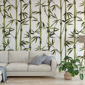 Bamboo forest set. Nature. Japan., China. Plant. Green tree with leaves. Peel and Stick Wallpaper / removable temporary Wallpaper