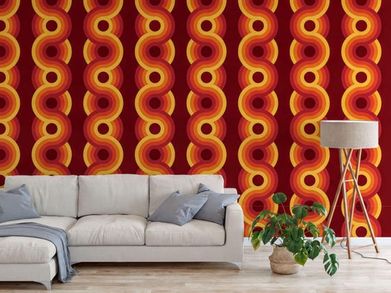 Retro 70s Peel and Stick Wallpaper, Bold Swirl Pattern (Eco-Friendly)