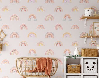 Watercolour Rainbows on soft pink background | Kids nursery | Peel and stick removable