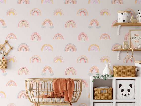 Rainbow Nursery Wallpaper: Watercolour Style on Soft Pink (Peel & Stick)