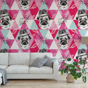 Funny Pug Life Peel and Stick Wallpaper / removable temporary Wallpaper