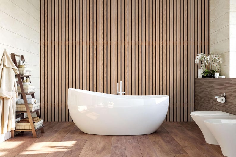 a modern bathroom with a freestanding bathtub, wooden slats on the walls, and a wooden floor.