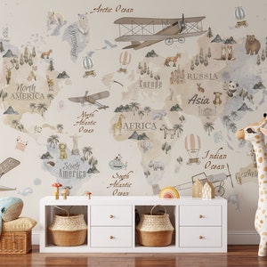 Carte du monde des animaux et monuments célèbres du monde pour chambre d'enfants Papier peint autocollant / Papier peint temporaire amovible