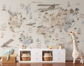 Animals world map and famous landmarks of the world for kids nursery wallpaper Peel and Stick Wallpaper / removable temporary Wallpaper