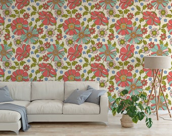 Papel pintado floral retro de los años 70: paneles adhesivos de colores