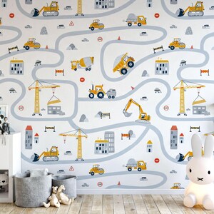 Papel de parede infantil com tema de construção - Design de caminhões do Bob, o Construtor