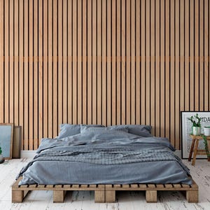 a modern bedroom with a wooden bed frame, a wooden wall, and a wooden floor.