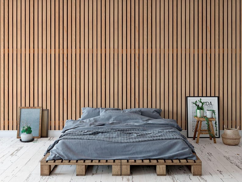 a modern bedroom with a wooden bed frame, a wooden wall, and a wooden floor.