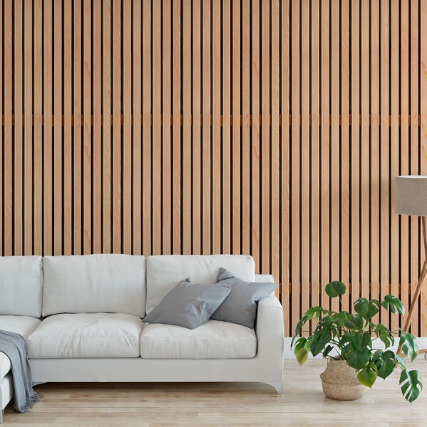 Wallpaper with vertical wooden timber slats battens Peel and Stick