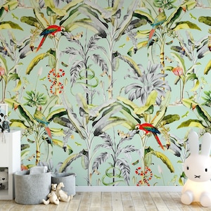 Tropical wallpaper with birds and snakes peel and stick
