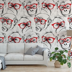 Puede incluir: Un fondo blanco con un patrón repetitivo de bocetos en blanco y negro de monos con gafas rojas.
