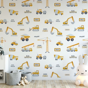 Kids Wallpaper of  Construction Site with Building Machines Bob the Builder Style Peel and Stick Wallpaper / removable temporary Wallpaper