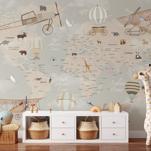 Tiere Weltkarte und berühmte Wahrzeichen der Welt für Kinder Kinderzimmer Tapete Peel and Stick Wallpaper / abnehmbare temporäre Tapete