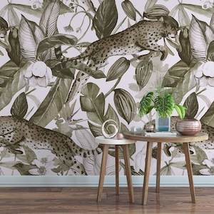 Papel de Parede Autoadesivo: Leopardo, Macacos, Selva Tropical - Arte Removível