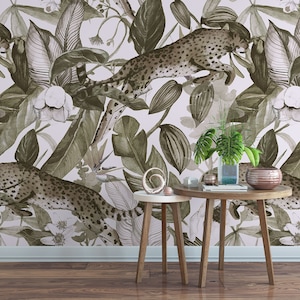 Luxurious Hand drawn Wildlife Animals in Tropical Jungle, Leopard Jumping on Banana Palm Trees Wallpaper peel and stick removable temporary