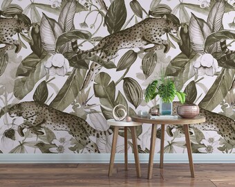 Peel and Stick Wallpaper: Leopard, Monkeys, Tropical Jungle - Removable Art