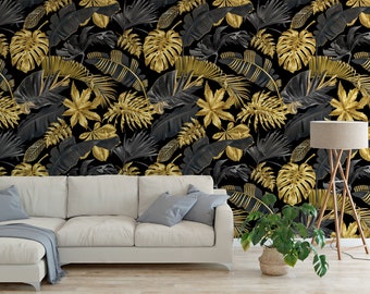 Tropical Monstera Leave non metallic Gold Peel and Stick Wallpaper / removable temporary Wallpaper