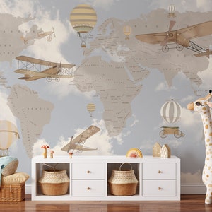 Carte du monde des animaux et monuments célèbres du monde pour chambre d'enfants Papier peint autocollant / Papier peint temporaire amovible