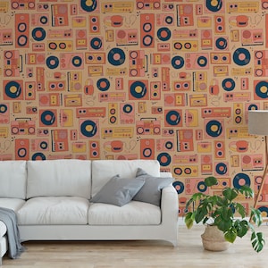 Vintage, Audio Tapes, Radio, Cassette, wallpaper. Vinyl  Peel and Stick Wallpaper / removable temporary Wallpaper,,