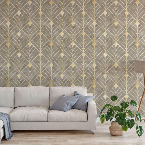 Papier peint autocollant Art déco doré (amovible, motif géométrique)