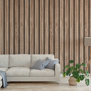 Wallpaper with large vertical wooden timber slats battens panelling Peel and Stick wallpaper easy to apply