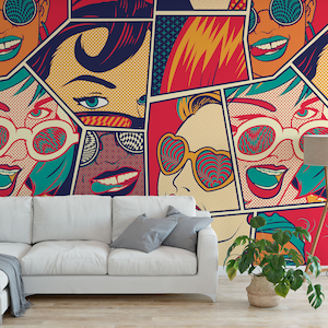 Puede incluir: Un papel tapiz de estilo pop art colorido con un patrón repetitivo de caras de mujeres con rasgos exagerados y gafas de sol psicodélicas. El papel tapiz está en un esquema de color rojo, amarillo, azul y verde.