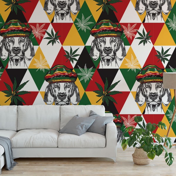 Funny Rastafarian Dog Peel and stick Wallpaper Peel and Stick Wallpaper / removable temporary Wallpaper
