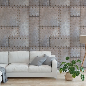 Industrial wallpaper in Metal Sheet design with rivets | Peel and Stick removable temporary Wallpaper