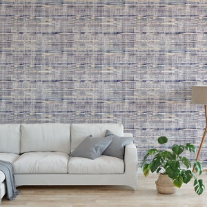 Minimal indigo jute plain stripe texture pattern Peel and Stick Wallpaper / removable temporary Wallpaper