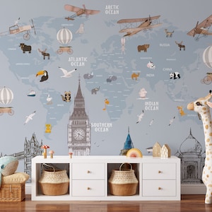 Tiere Weltkarte und berühmte Wahrzeichen der Welt für Kinder Kinderzimmer Tapete Peel and Stick Wallpaper / abnehmbare temporäre Tapete