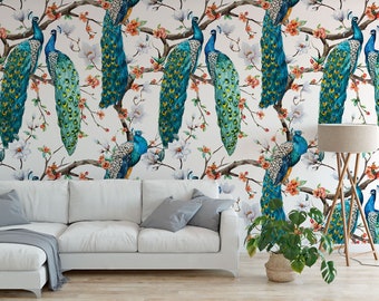 Paradise Peacock Wallpaper | Floral Flower wallpaper | Peel and Stick Wallpaper / removable temporary Wallpaper