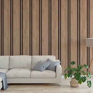 Wallpaper with large vertical wooden timber slats battens panelling Peel and Stick