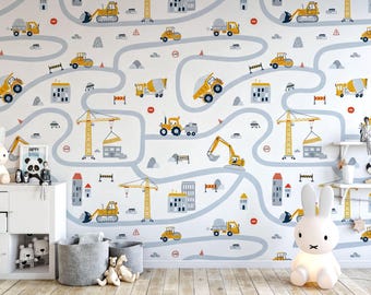 Pared decorativa para habitación infantil: Bob el Constructor - Obra de construcción - Papel pintado autoadhesivo con camiones y grúas