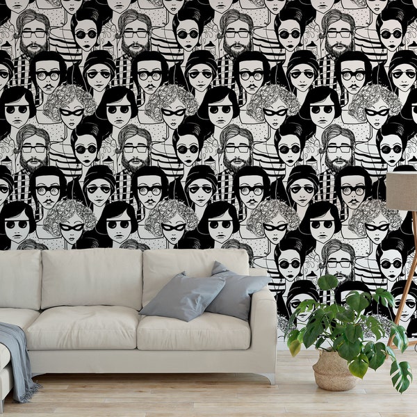 Funny Quirky Doodle crowd in Sunglasses Peel and Stick Wallpaper / removable temporary Wallpaper