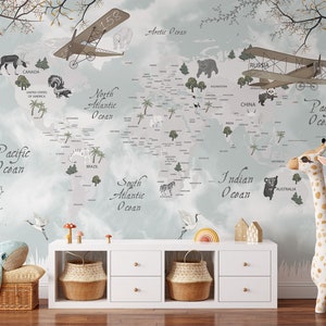 Tiere Weltkarte und berühmte Wahrzeichen der Welt für Kinder Kinderzimmer Tapete Peel and Stick Wallpaper / abnehmbare temporäre Tapete