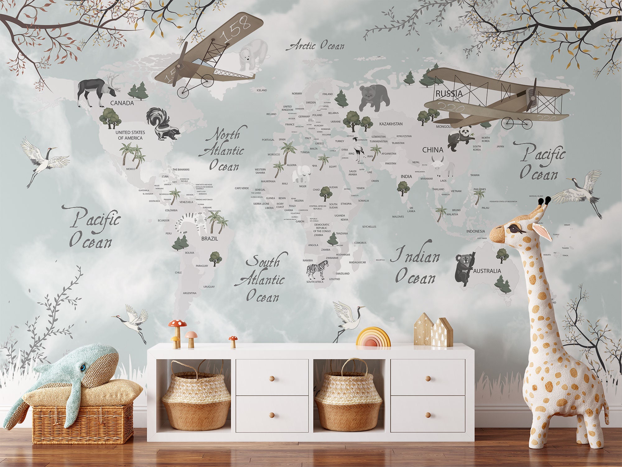 Animals world map and famous landmarks of the world for kids nursery wallpaper Peel and Stick Wallpaper / removable temporary Wallpaper
