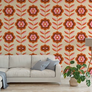 Vintage Retro Boho Floral Flower Design Peel and Stick Wallpaper / removable temporary Wallpaper