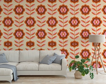 Vintage Retro Boho Floral Flower Design Peel and Stick Wallpaper / removable temporary Wallpaper