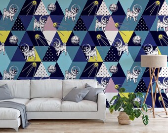 Papel pintado de carlinos en el espacio / Autoadhesivo, estampado animal cósmico - Microfibra autoadhesiva, para habitaciones infantiles