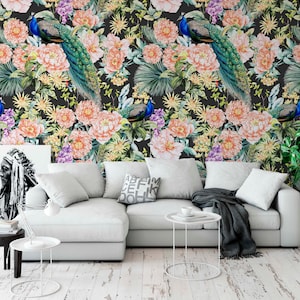 Peacock Floral Wallpaper - Easy Peel and Stick Wall Decor