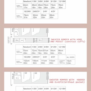 May include: A sewing pattern layout guide for a sweater romper featuring three variations: with a neck band, with a hood and pocket, and with a hood and elastic. The document includes detailed fabric requirement tables for sizes newborn to 5 years.