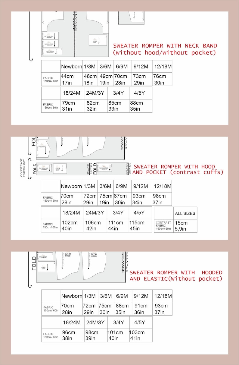 May include: A sewing pattern layout guide for a sweater romper featuring three variations: with a neck band, with a hood and pocket, and with a hood and elastic. The document includes detailed fabric requirement tables for sizes newborn to 5 years.