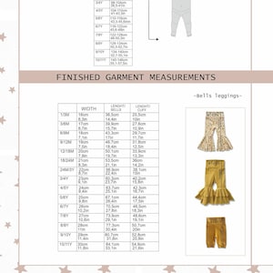 Puede incluir: Una tabla de tallas para leggings acampanados infantiles titulada FINISHED GARMENT MEASUREMENTS. La tabla enumera tallas desde 1/3M hasta 10/11Y con las medidas correspondientes de ancho, largo de campana y largo de pu&ntilde;o en cm y pulgadas.