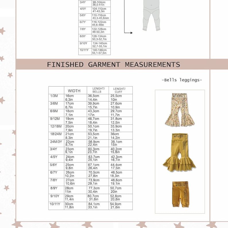 Puede incluir: Una tabla de tallas para leggings acampanados infantiles titulada FINISHED GARMENT MEASUREMENTS. La tabla enumera tallas desde 1/3M hasta 10/11Y con las medidas correspondientes de ancho, largo de campana y largo de pu&ntilde;o en cm y pulgadas.